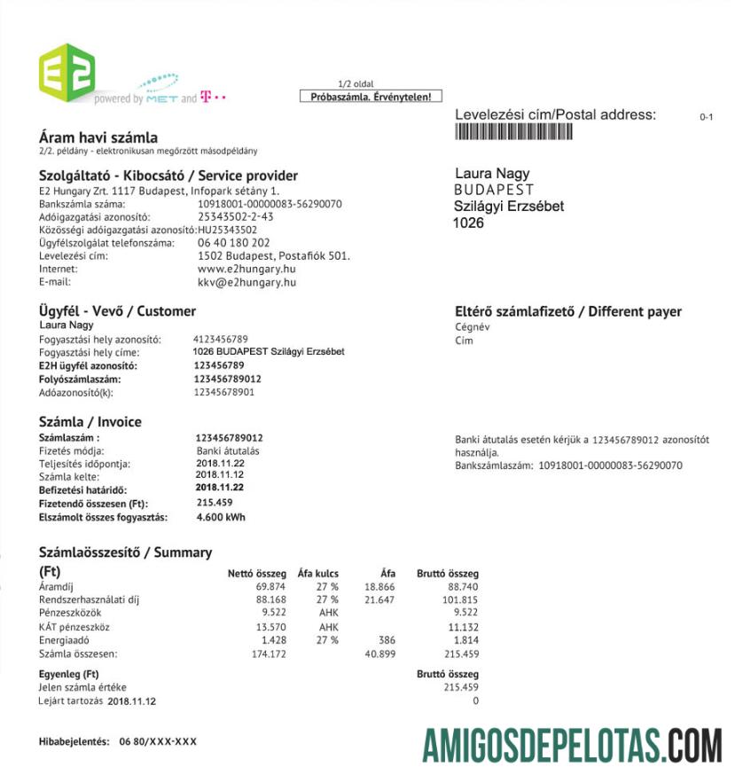 Conta de serviços públicos E2 da Hungria, formato PSD exemplo real